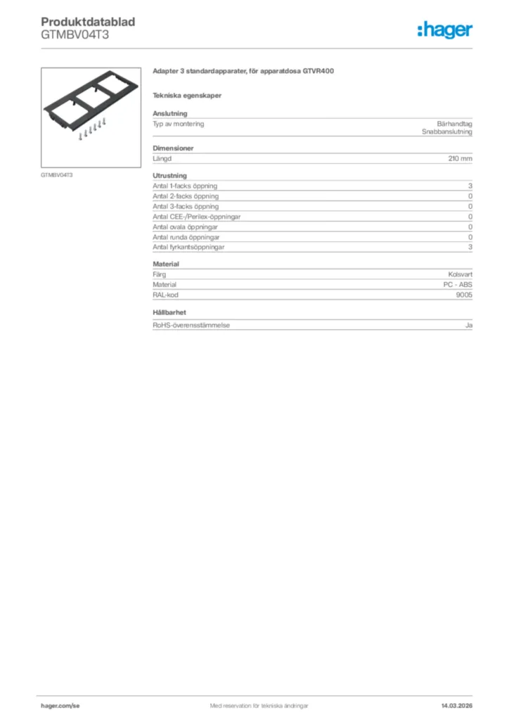 Bild Hager Produktdatablad GTMBV04T3 | Hager Sverige