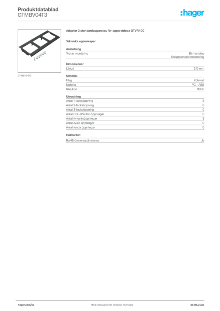 Bild Hager Produktdatablad GTMBV04T3 | Hager Sverige