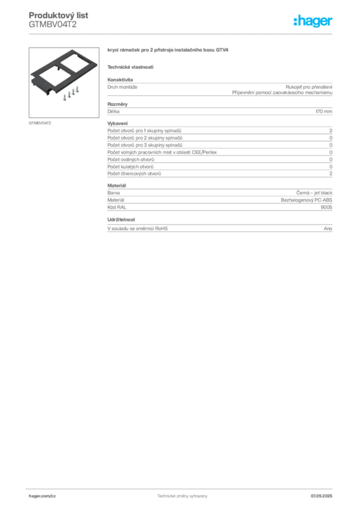 Obrázek Hager Produktový list GTMBV04T2 | Hager