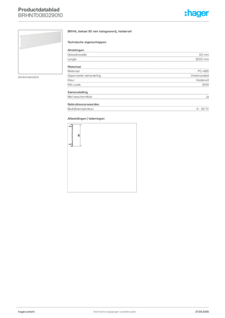 Afbeelding Hager Productdatablad BRHN7008029010 | Hager Nederland