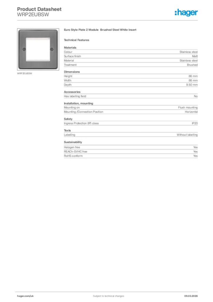 Image Hager Product data sheet WRP2EUBSW  | Hager