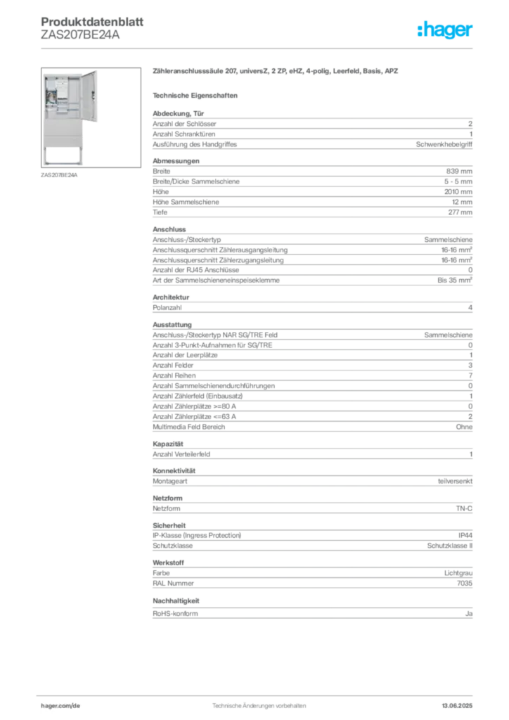 Bild Hager Produktdatenblatt ZAS207BE24A | Hager Deutschland