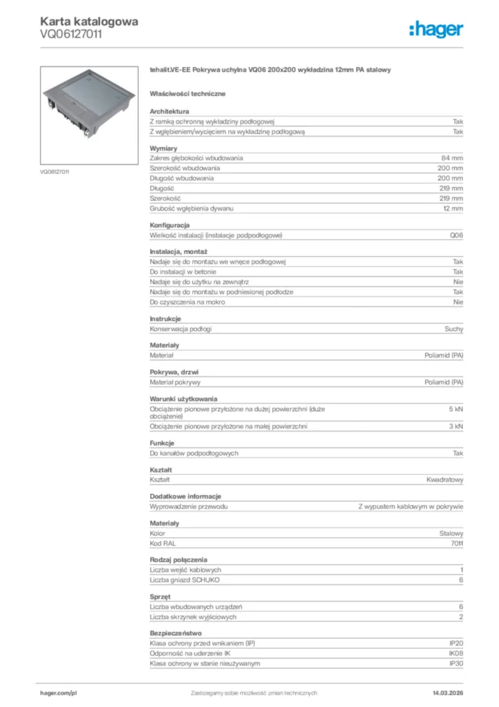 Zdjęcie Hager Karta katalogowa VQ06127011 | Hager Polska