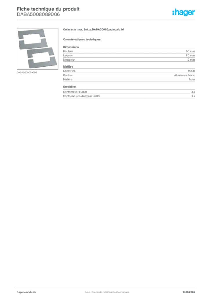 Image Hager Fiche technique du produit DABA5008089006 | Hager Suisse