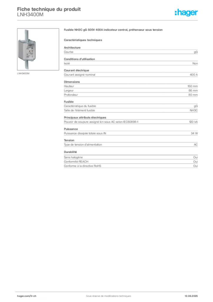 Image Hager Fiche technique du produit LNH3400M | Hager Suisse