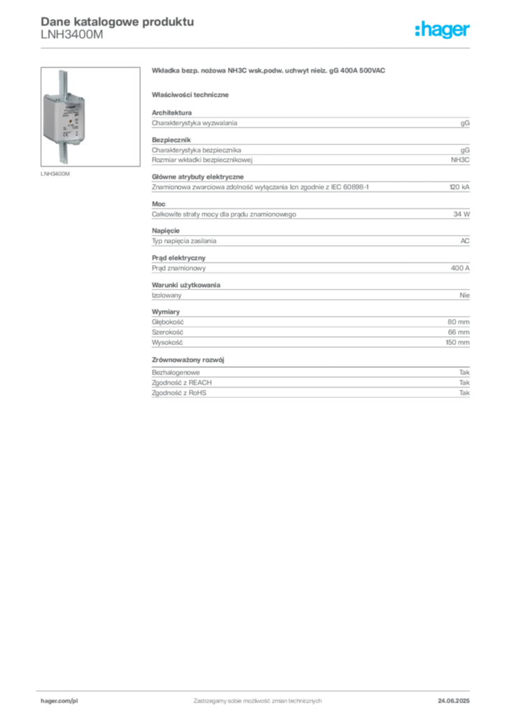 Zdjęcie Hager Karta katalogowa LNH3400M | Hager Polska