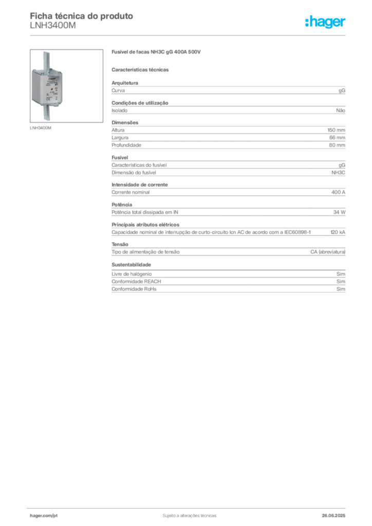 Imagem Hager Ficha técnica do produto LNH3400M | Hager Portugal