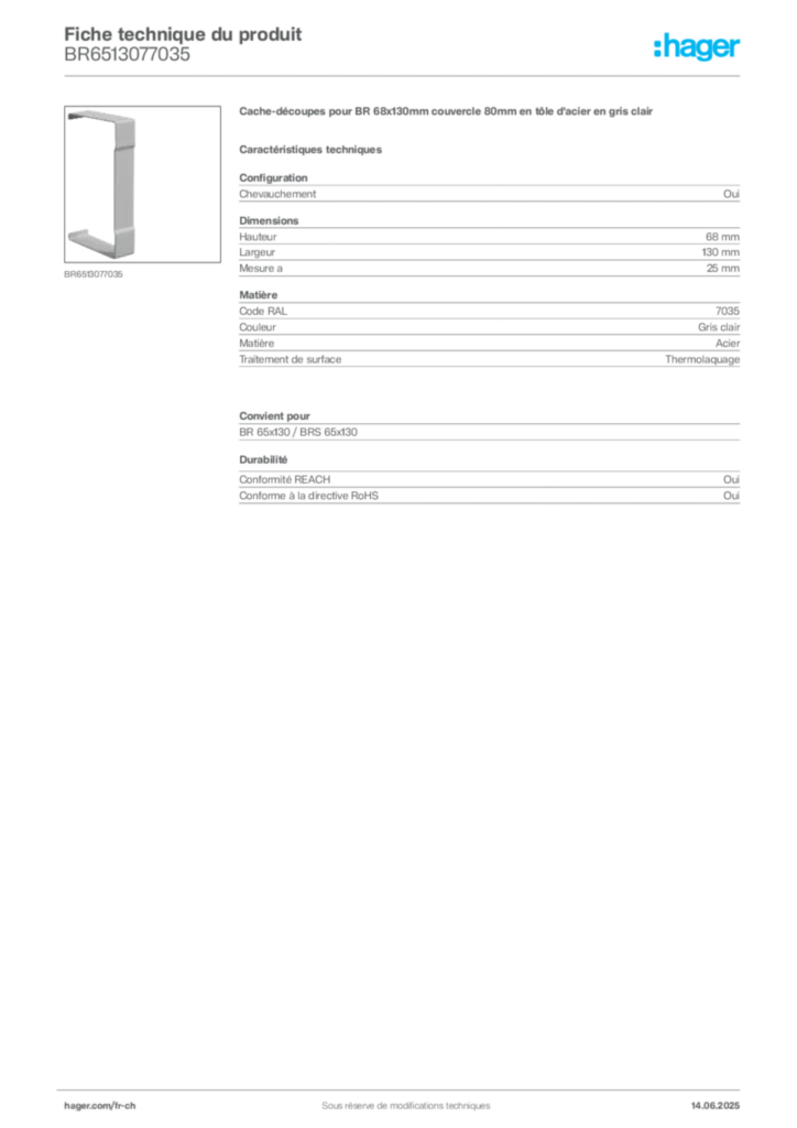 Image Hager Fiche technique du produit BR6513077035 | Hager Suisse
