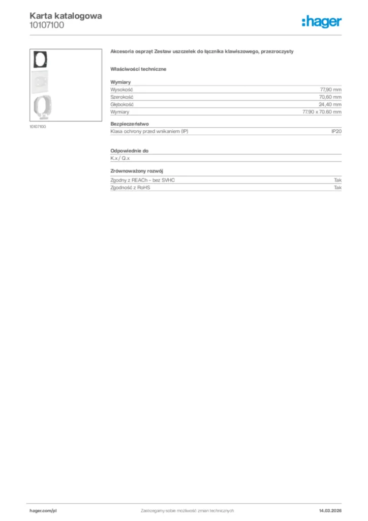 Zdjęcie Hager Karta katalogowa 10107100 | Hager Polska