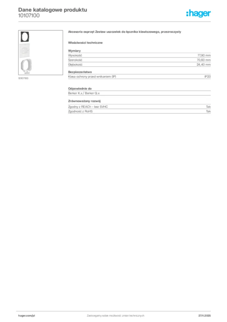 Zdjęcie Hager Karta katalogowa 10107100 | Hager Polska