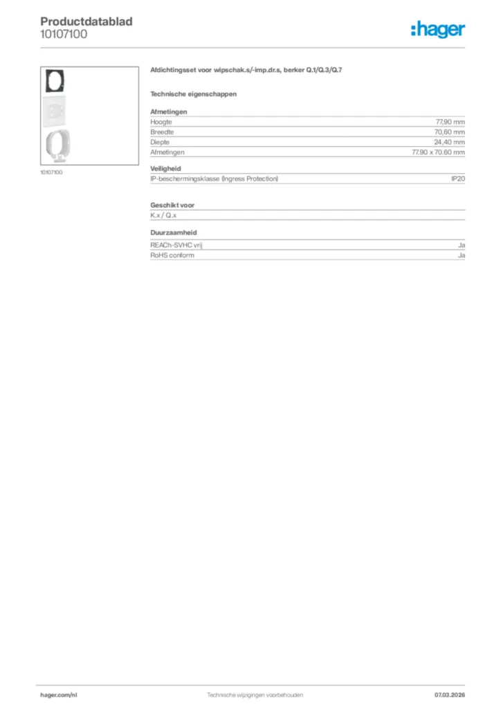 Afbeelding Hager Productdatablad 10107100 | Hager Nederland