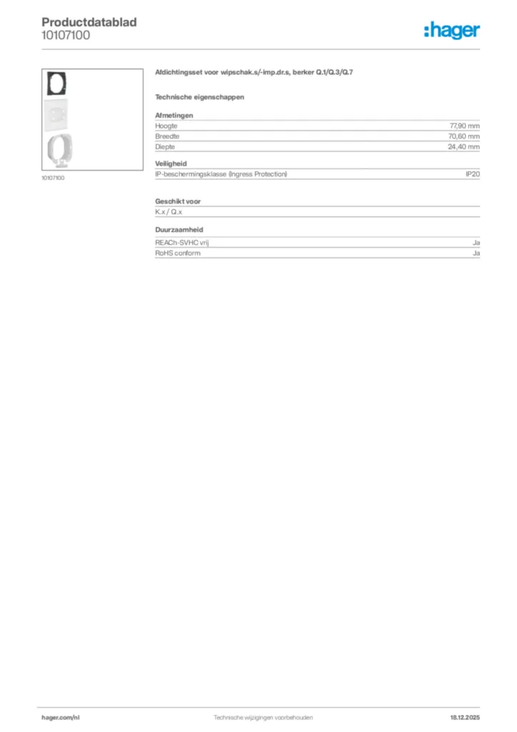 Afbeelding Hager Productdatablad 10107100 | Hager Nederland