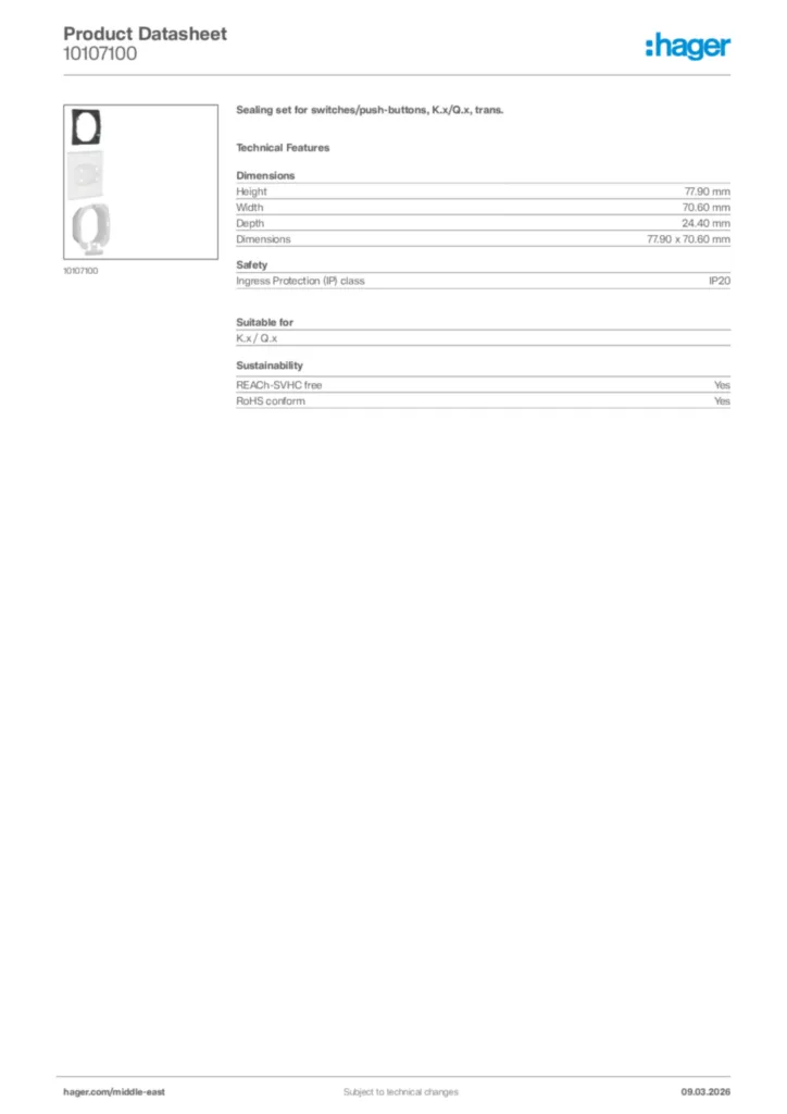 Image Hager Product data sheet 10107100  | Hager