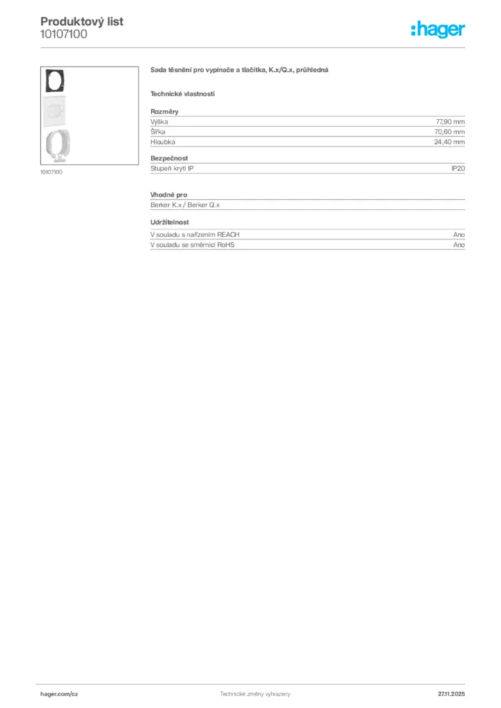 Obrázek Hager Product data sheet 10107100 | Hager