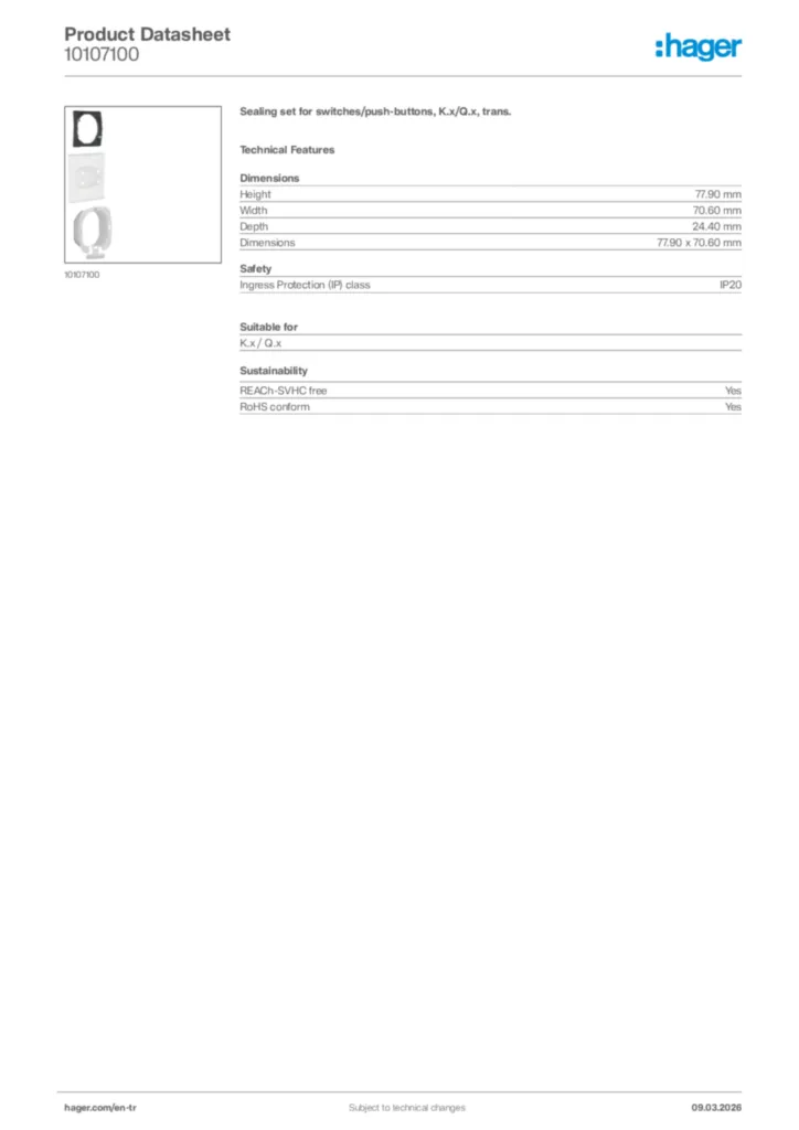 Image Hager Product data sheet 10107100  | Hager