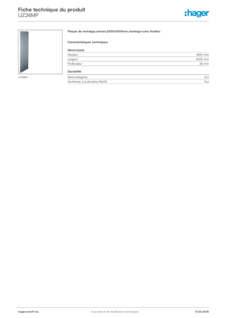 Image Hager Fiche technique du produit UZ24MP | Hager Belgique