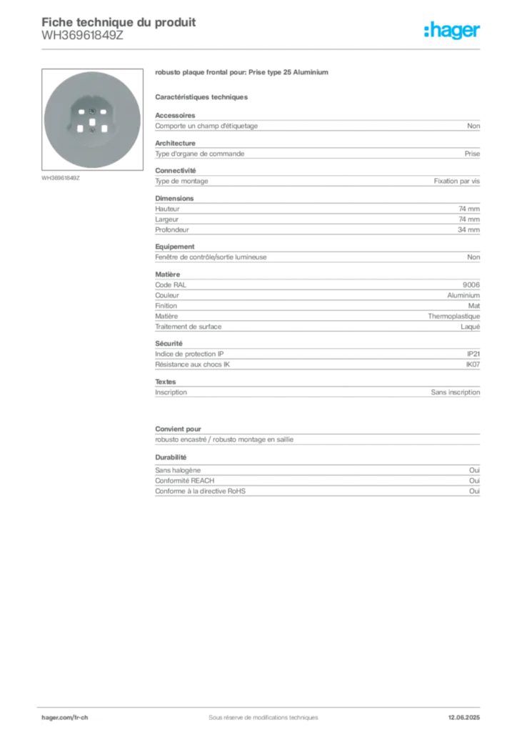Image Hager Fiche technique du produit WH36961849Z | Hager Suisse