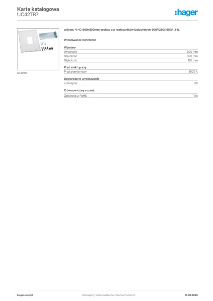 Zdjęcie Hager Karta katalogowa UC42TR7 | Hager Polska