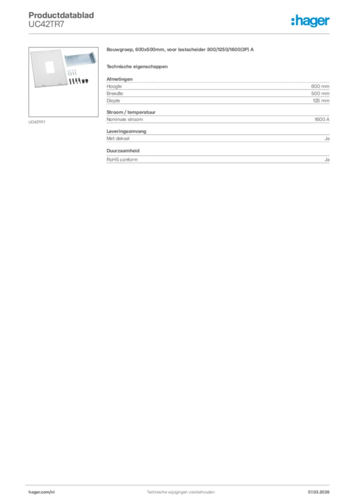 Afbeelding Hager Productdatablad UC42TR7 | Hager Nederland