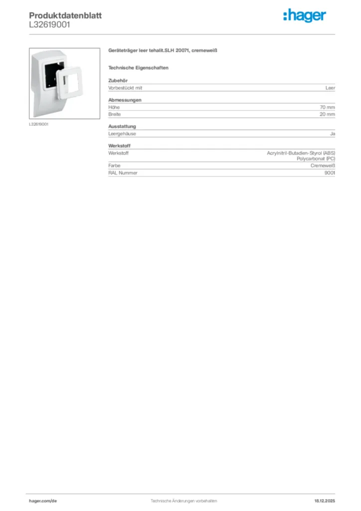 Bild Hager Produktdatenblatt L32619001 | Hager Deutschland