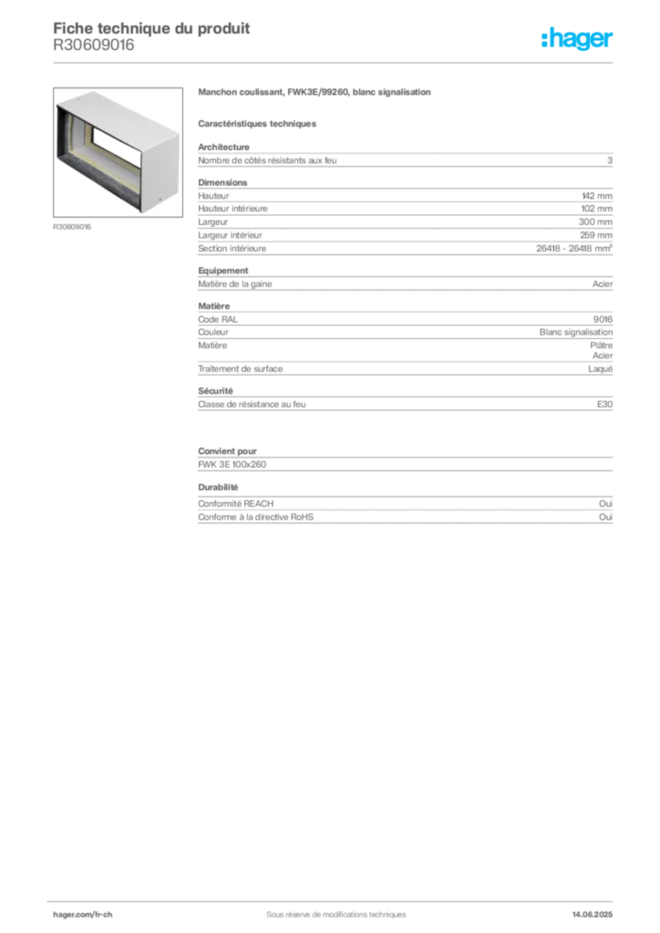 Image Hager Fiche technique du produit R30609016 | Hager Suisse