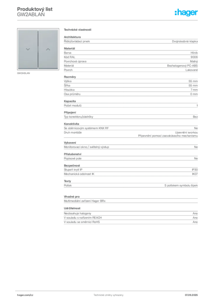 Obrázek Hager Produktový list GW2ABLAN | Hager