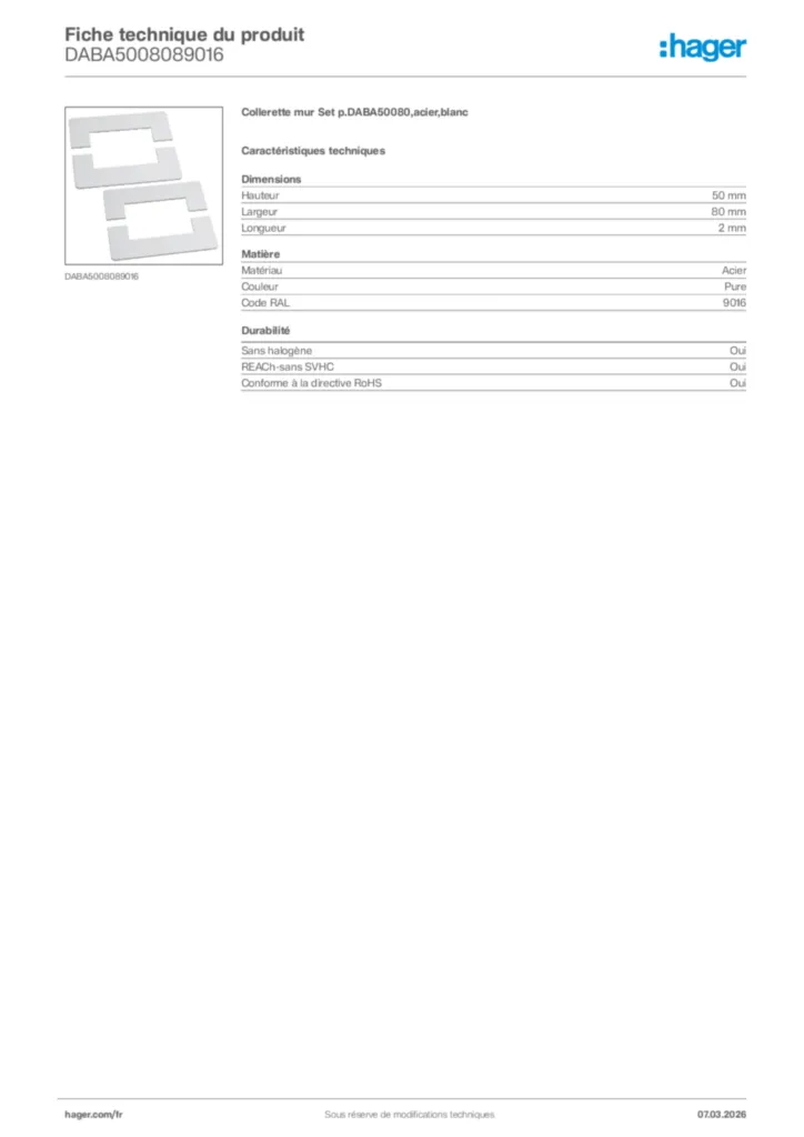 Image Hager Fiche technique du produit DABA5008089016 | Hager France