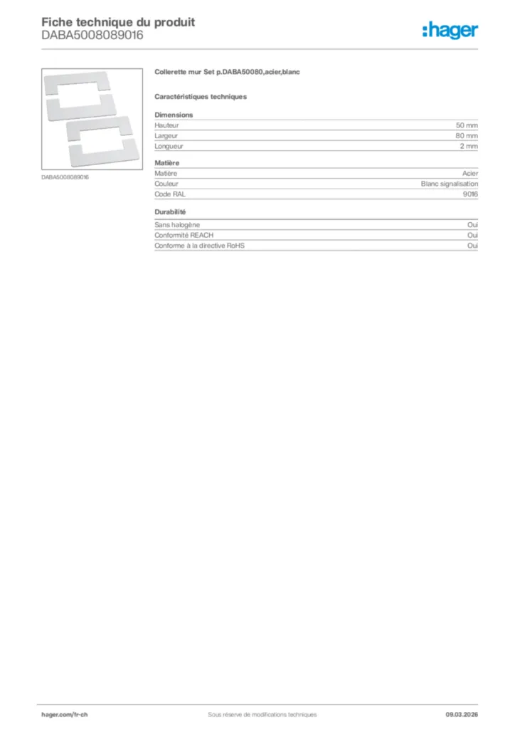 Image Hager Fiche technique du produit DABA5008089016 | Hager Suisse