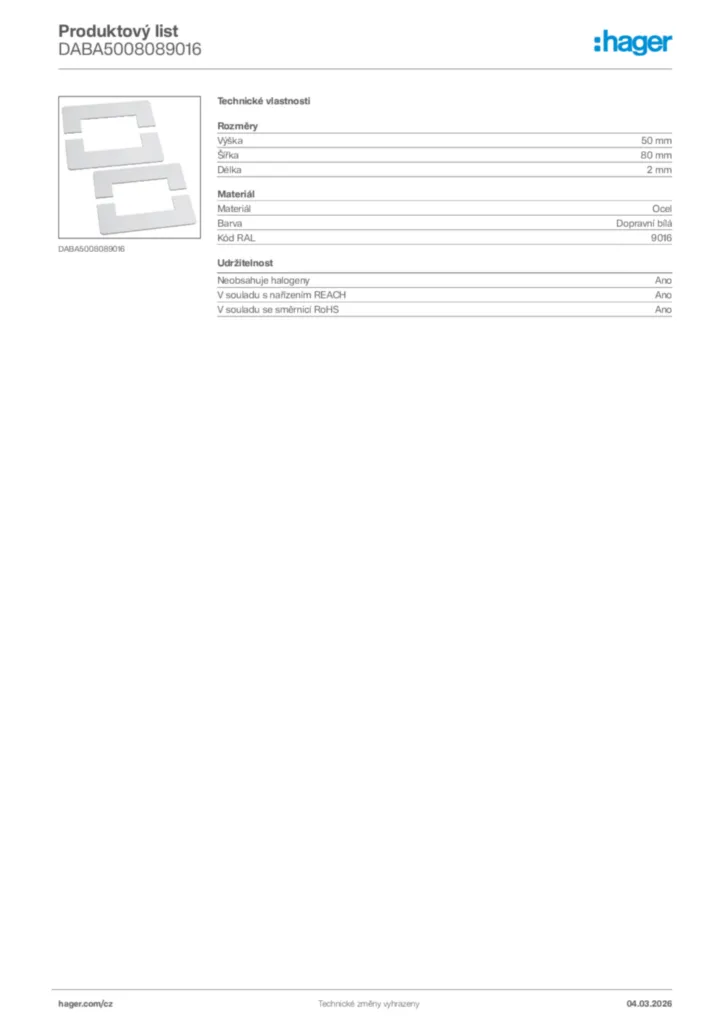 Obrázek Hager Product data sheet DABA5008089016 | Hager