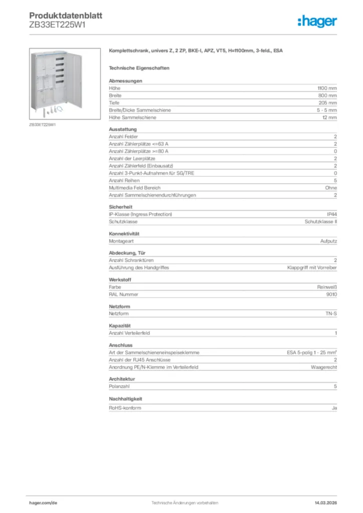 Bild Hager Produktdatenblatt ZB33ET225W1 | Hager Deutschland