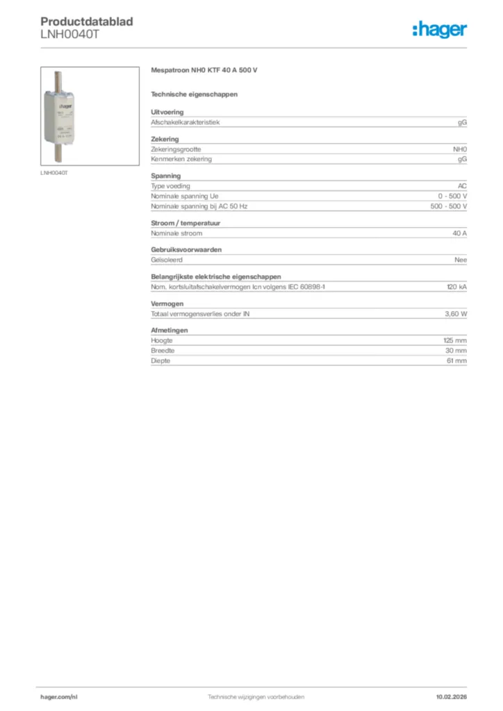 Afbeelding Hager Productdatablad LNH0040T | Hager Nederland
