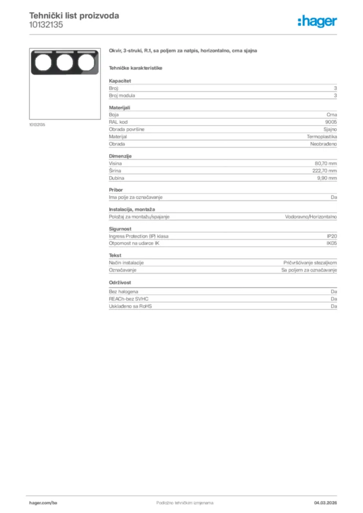 Slika Hager Tehnički list proizvoda 10132135  | Hager