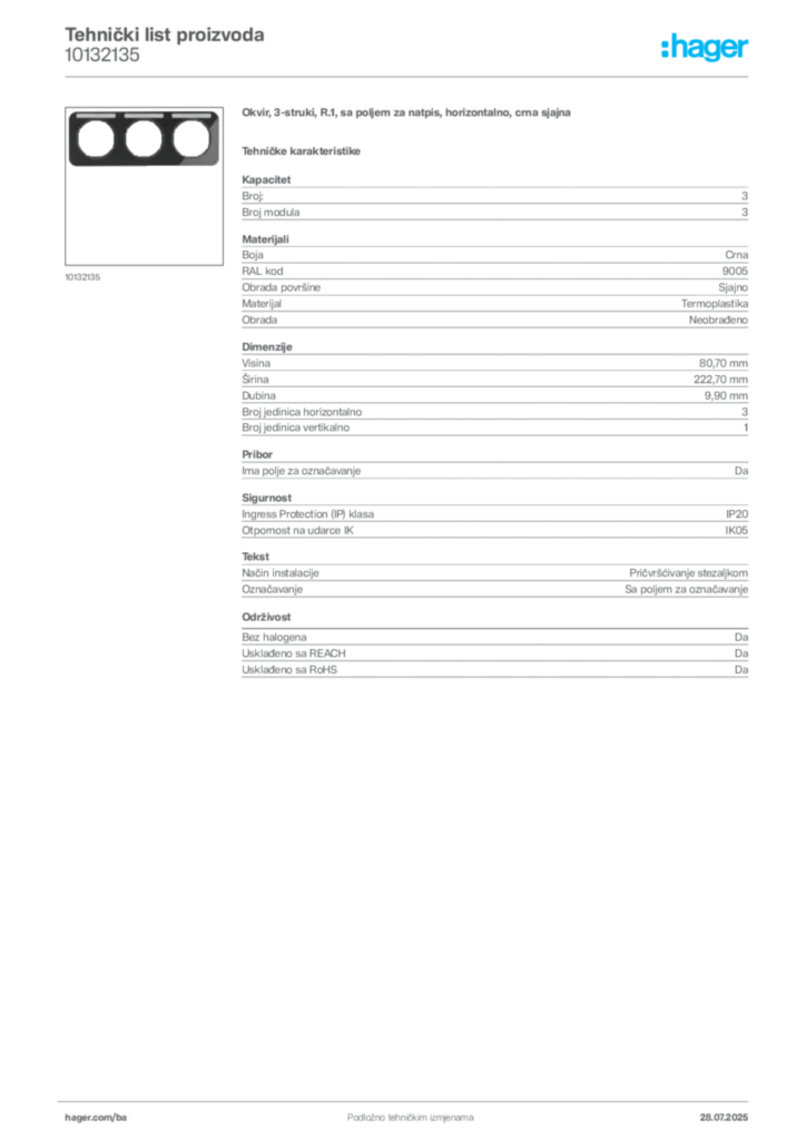 Slika Hager Product data sheet 10132135  | Hager