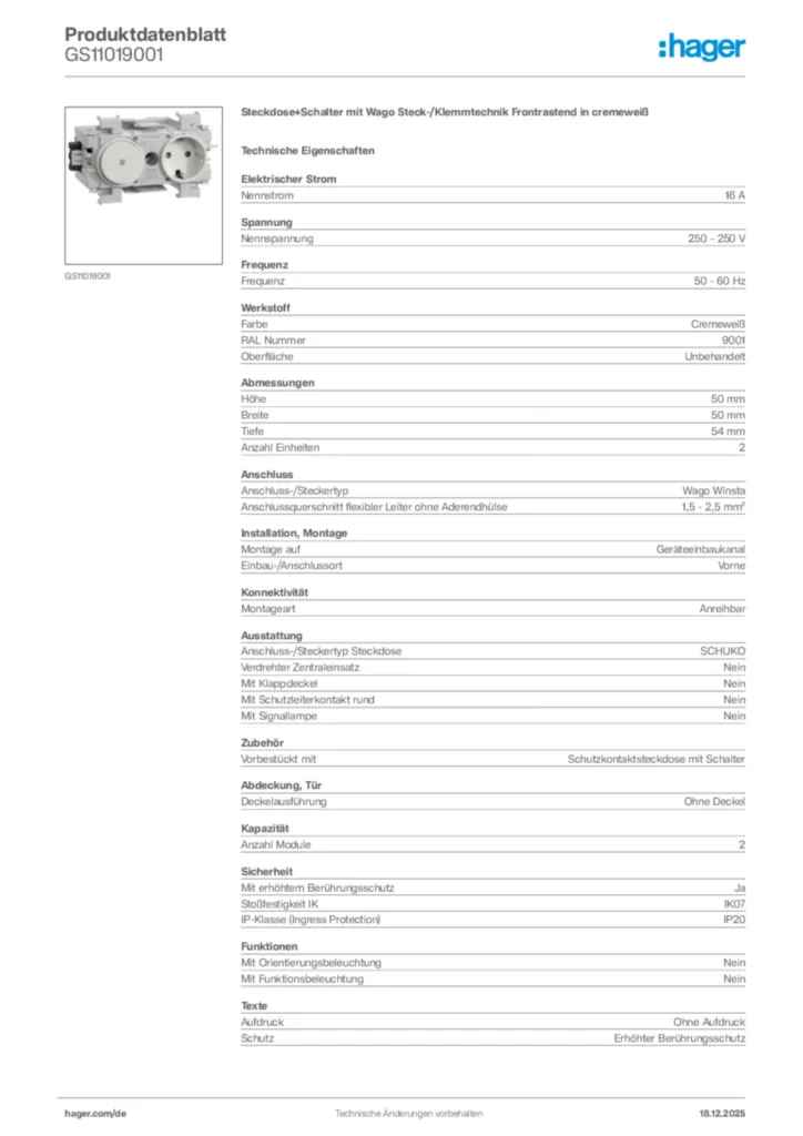 Bild Hager Produktdatenblatt GS11019001 | Hager Deutschland