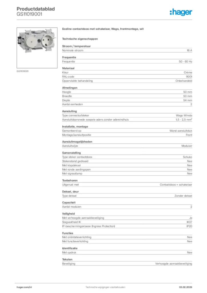 Afbeelding Hager Productdatablad GS11019001 | Hager Nederland