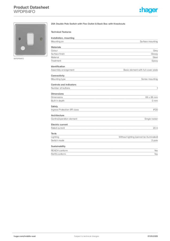 Image Hager Product data sheet WPDP84FO  | Hager