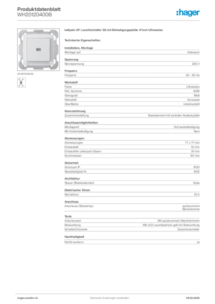 Bild Hager Produktdatenblatt WH20120400B | Hager Schweiz