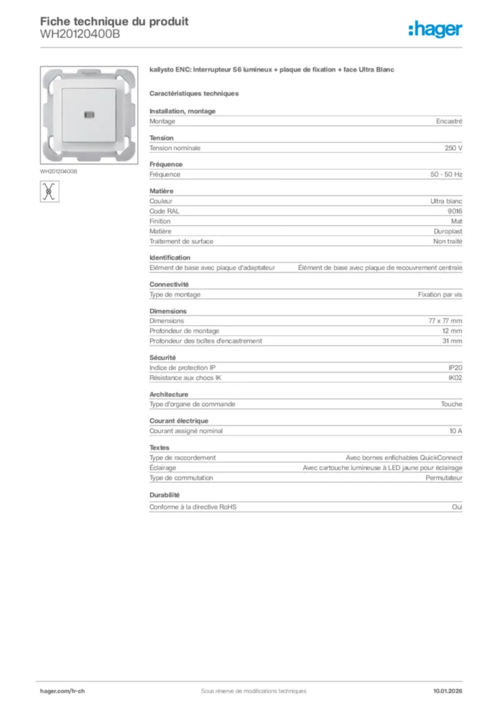 Image Hager Fiche technique du produit WH20120400B | Hager Suisse