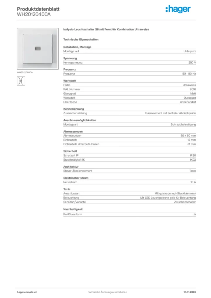 Bild Hager Produktdatenblatt WH20120400A | Hager Schweiz