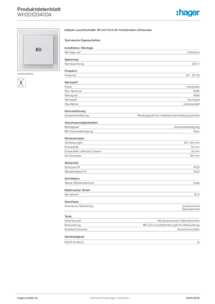 Bild Hager Produktdatenblatt WH20120400A | Hager Schweiz