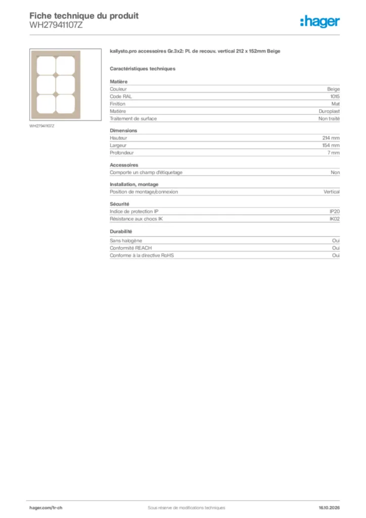 Image Hager Fiche technique du produit WH27941107Z | Hager Suisse