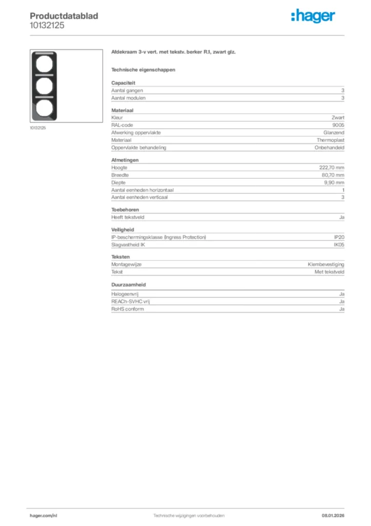 Afbeelding Hager Productdatablad 10132125 | Hager Nederland