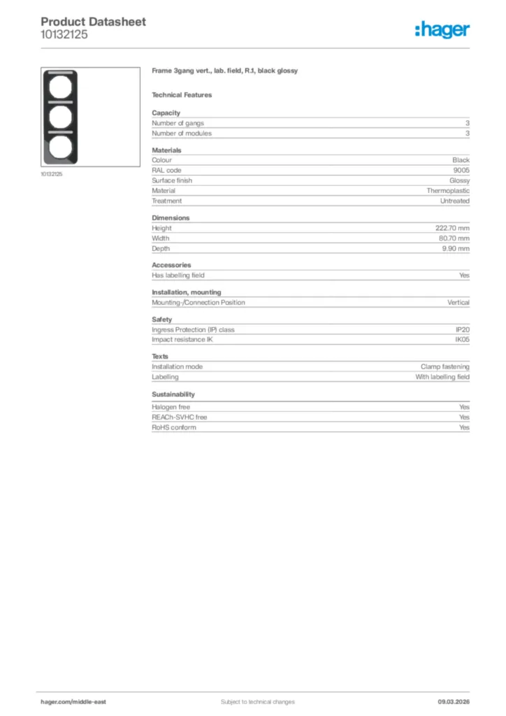 Image Hager Product data sheet 10132125  | Hager