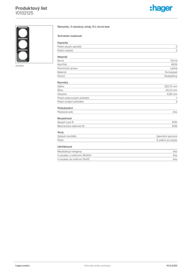Obrázek Hager Produktový list 10132125 | Hager