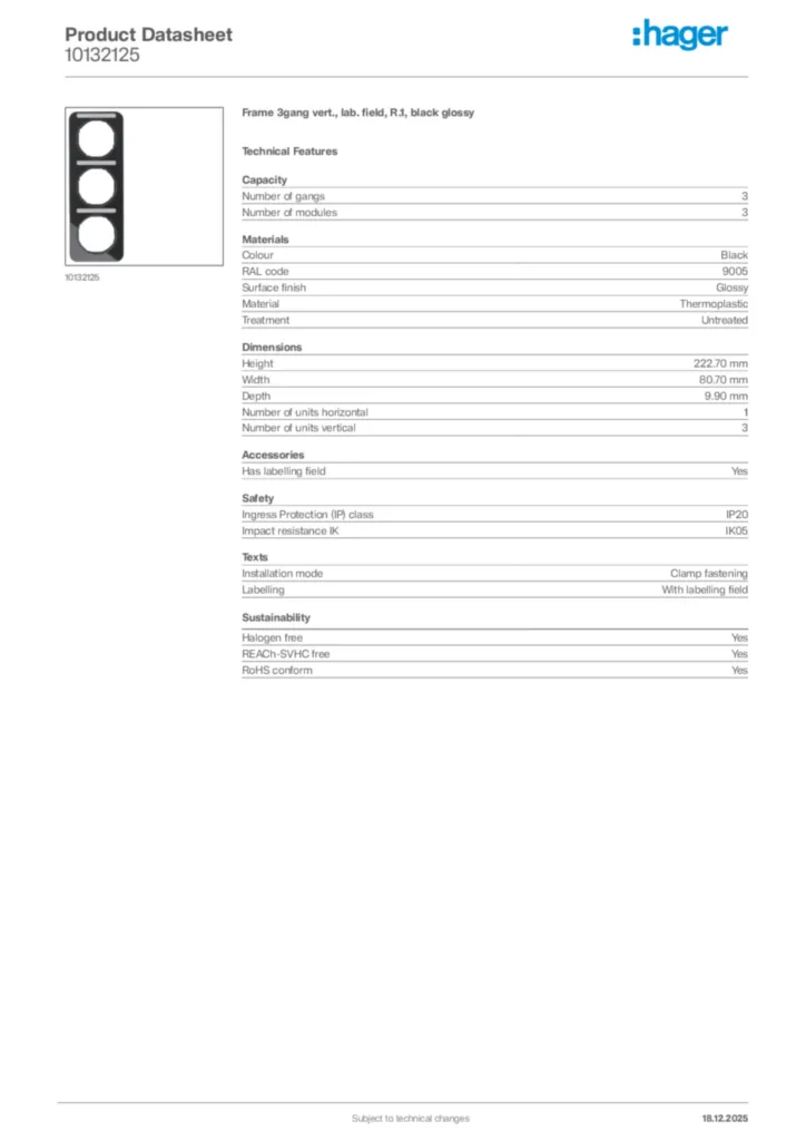 Image Hager Product data sheet 10132125  | Hager