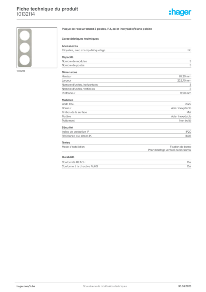 Image Hager Fiche technique du produit 10132114 | Hager Belgique