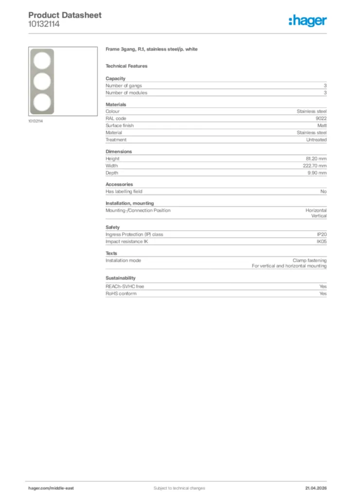 Image Hager Product data sheet 10132114  | Hager