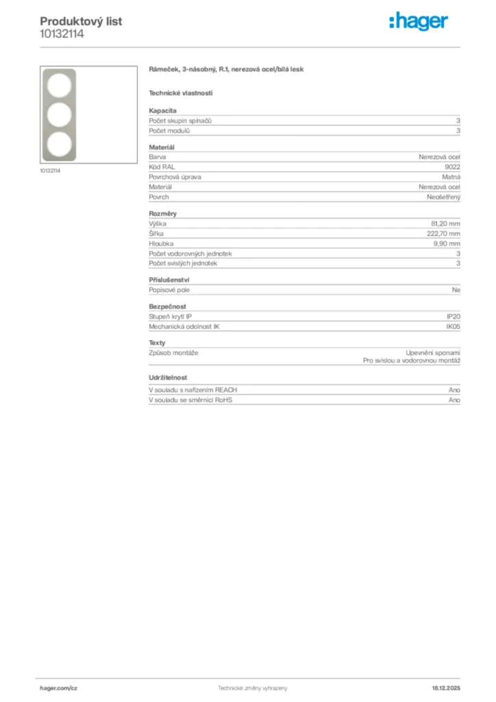 Obrázek Hager Produktový list 10132114 | Hager