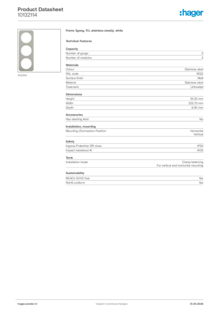 Image Hager Product data sheet 10132114  | Hager