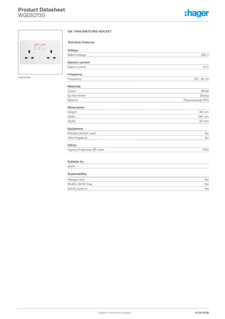 Image Hager Product data sheet WGDS213S  | Hager